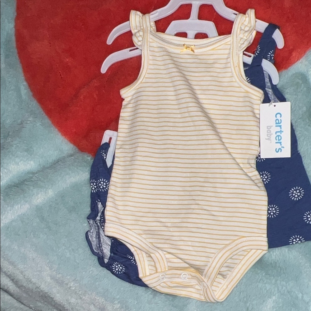 Carter's Yellow and White Striped Bodysuit and blue 3 pieces